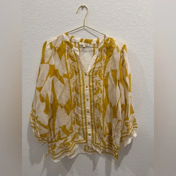 Anthropologie Fig and Flower Yellow floral abstract sheer Patterned Top - Picture 2 of 6